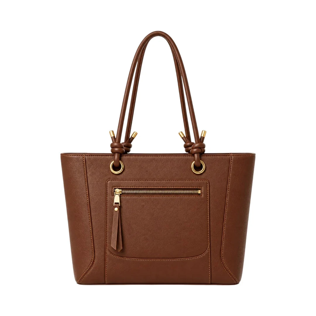 LUXPAC Brown Knot Handle Tote Bag – Faux Leather Front Zip Design
