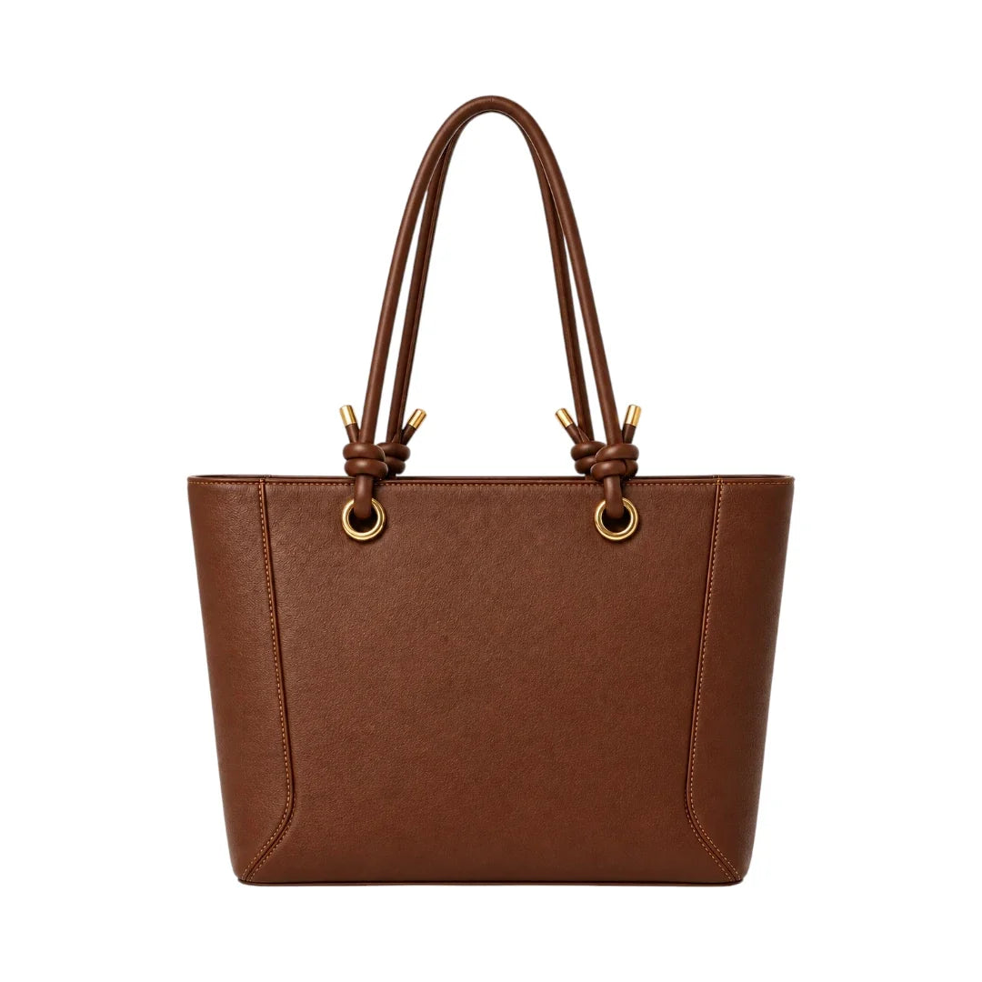 LUXPAC Brown Knot Handle Tote Bag – Faux Leather Front Zip Design