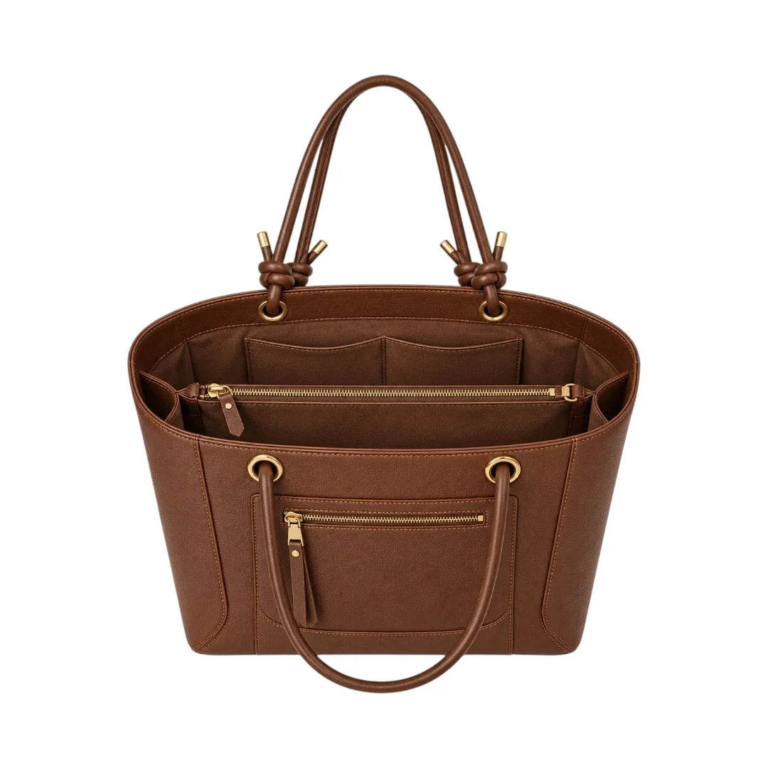 LUXPAC Brown Knot Handle Tote Bag – Faux Leather Front Zip Design