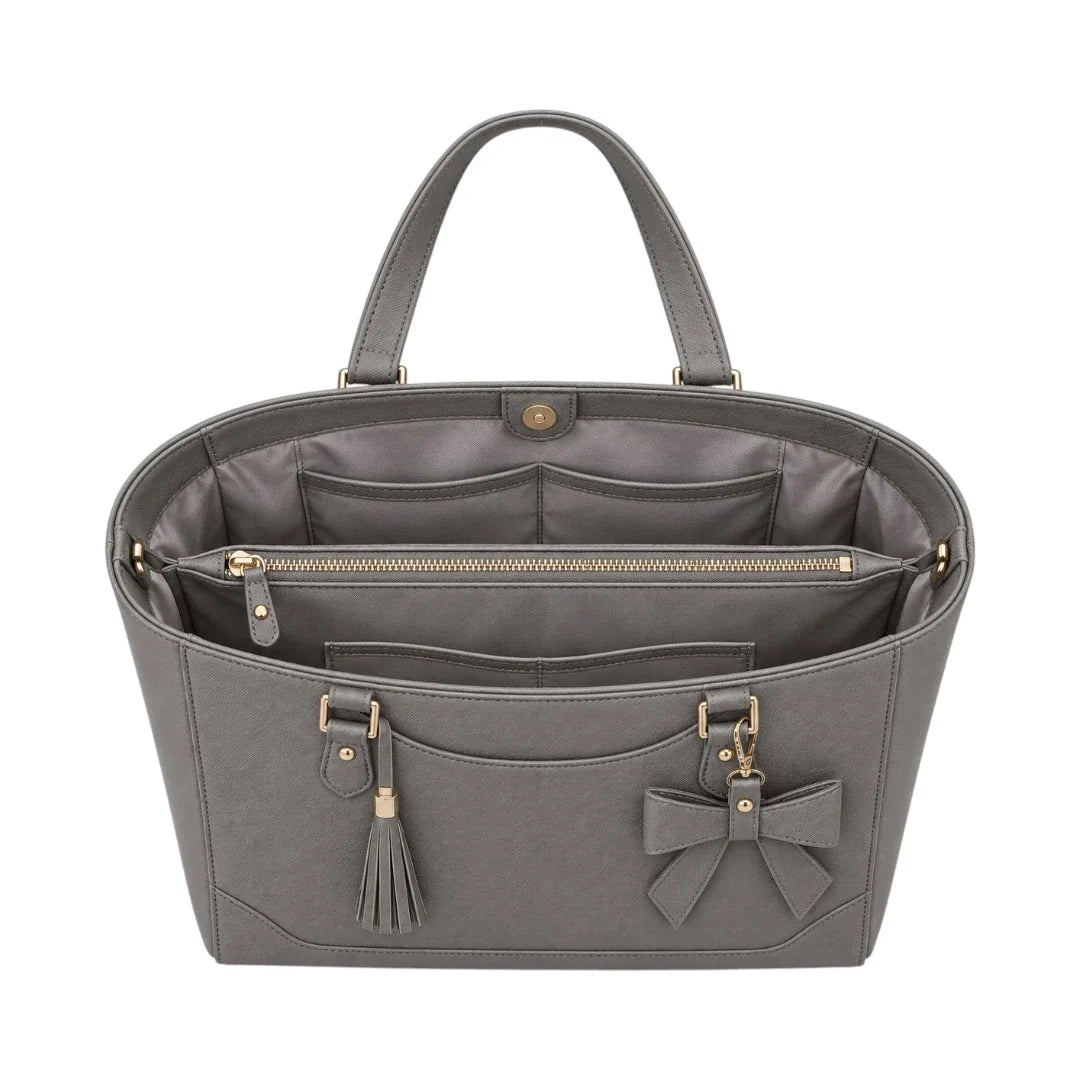 LUXPAC Grey Bow Accent Tote Bag – Elegant Tassel Front Handbag